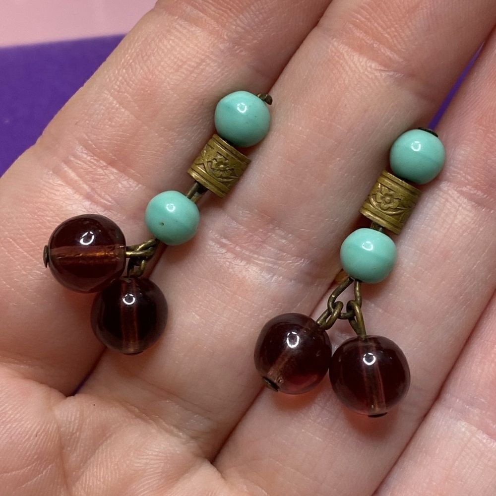 💛 Antique 14k Gold Filled Amethyst & Turquoise Bead Screw Back Earrings